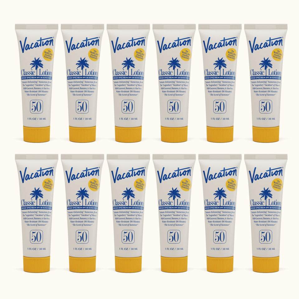 VACATION mini front packaging showing 12 tubes and SPF 50 protection