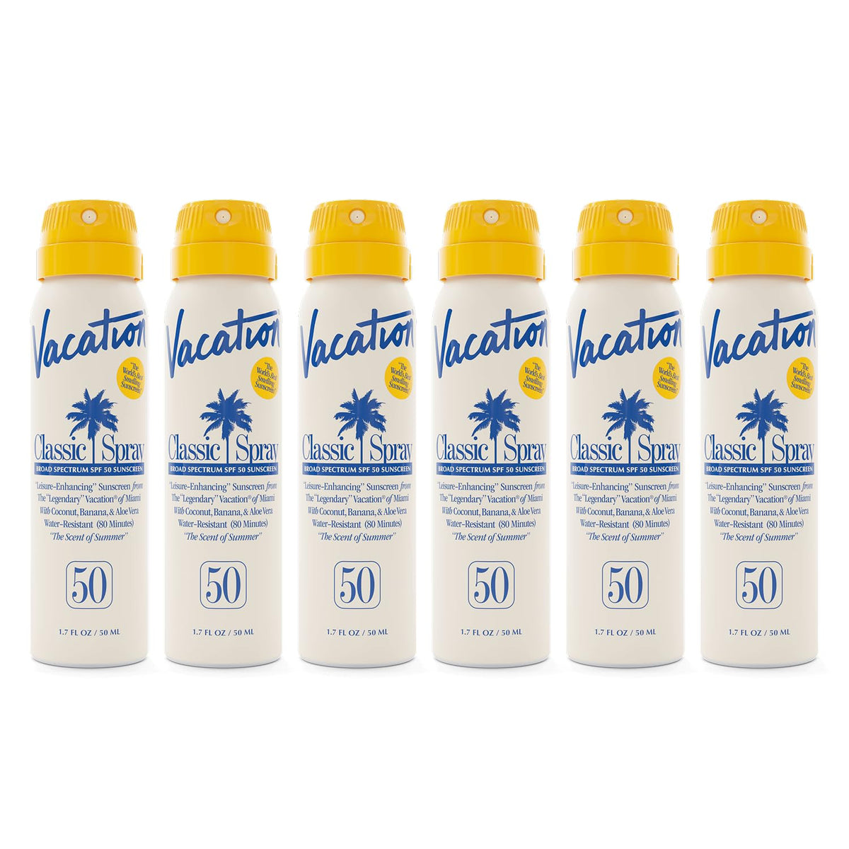 VACATION mini classic front packaging showing six travel sunscreen sprays and SPF 50 protection
