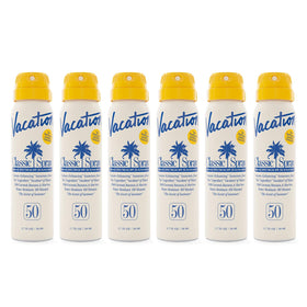 VACATION mini classic front packaging showing six travel sunscreen sprays and SPF 50 protection