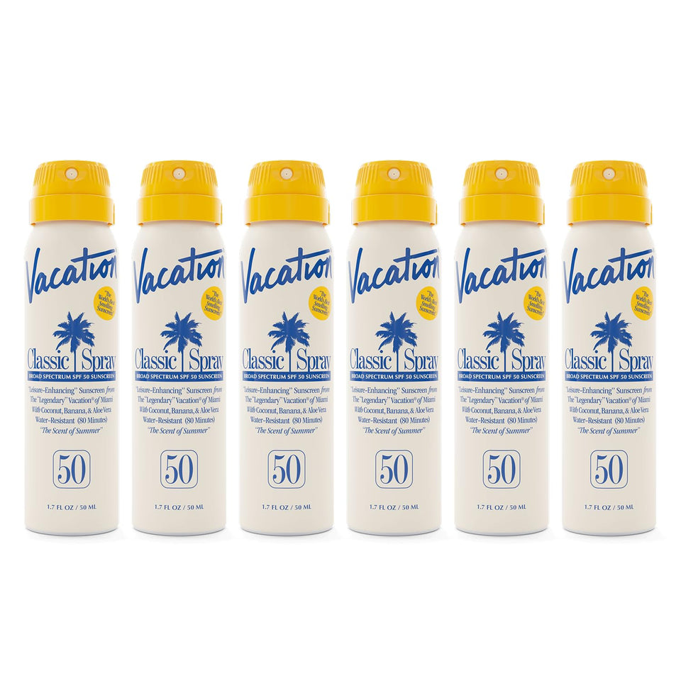 VACATION mini classic front packaging showing six travel sunscreen sprays and SPF 50 protection