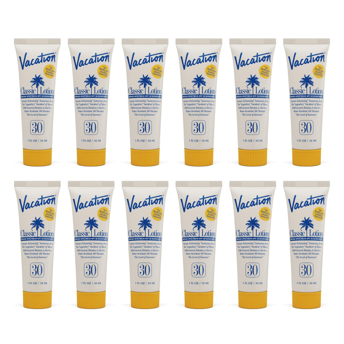 VACATION mini classic front packaging showing twelve 1oz bottles and travel convenience