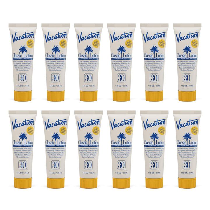 VACATION mini classic front packaging showing twelve 1oz bottles and travel convenience