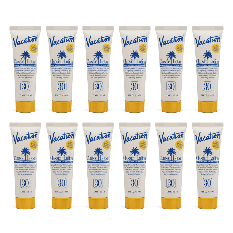 VACATION mini classic front packaging showing twelve 1oz bottles and travel convenience