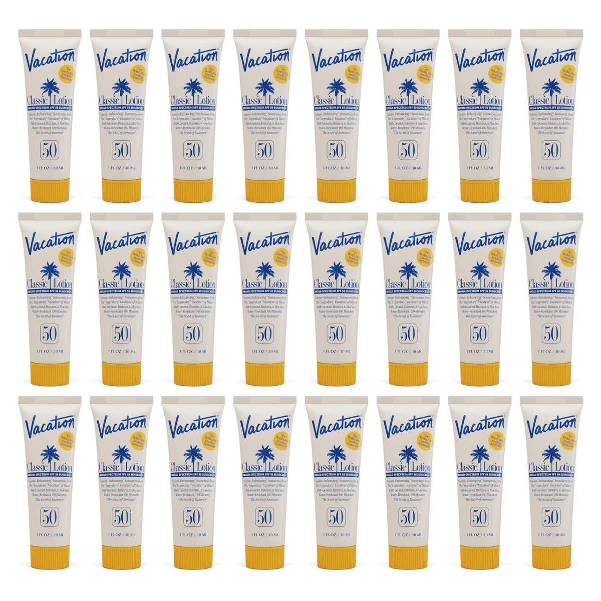 VACATION front packaging showing compact 1 oz bottle and SPF50 protection