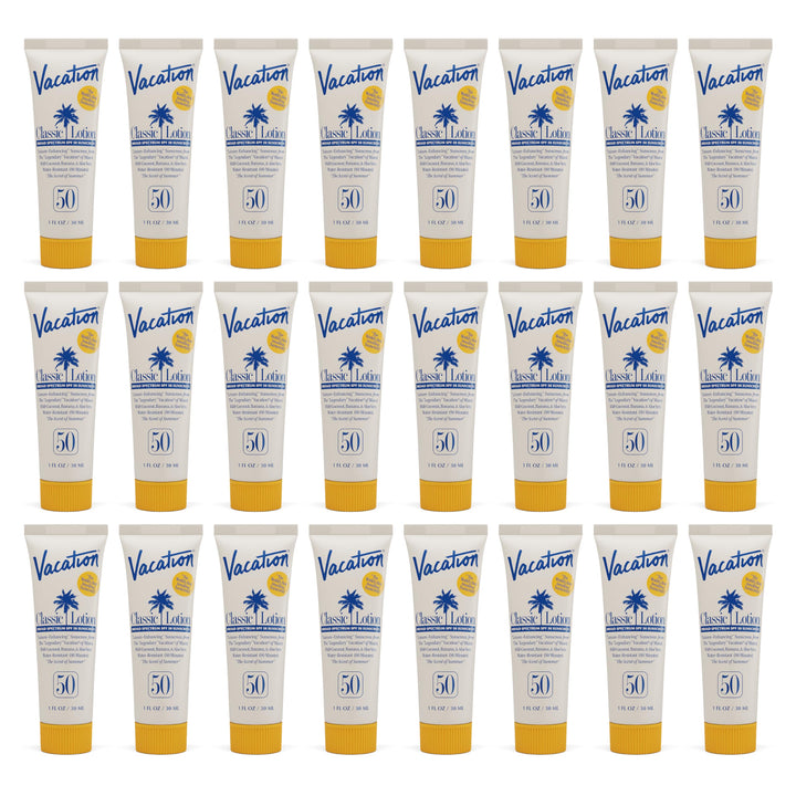 VACATION front packaging showing compact 1 oz bottle and SPF50 protection