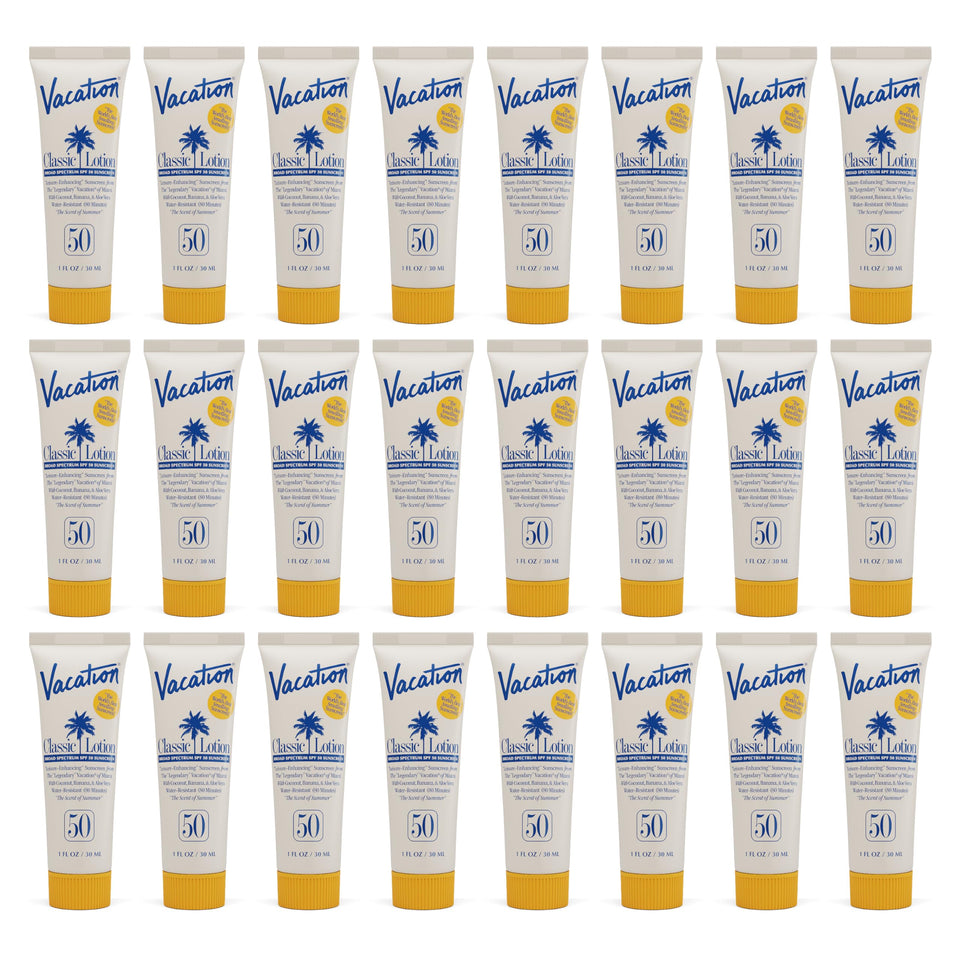 VACATION front packaging showing compact 1 oz bottle and SPF50 protection