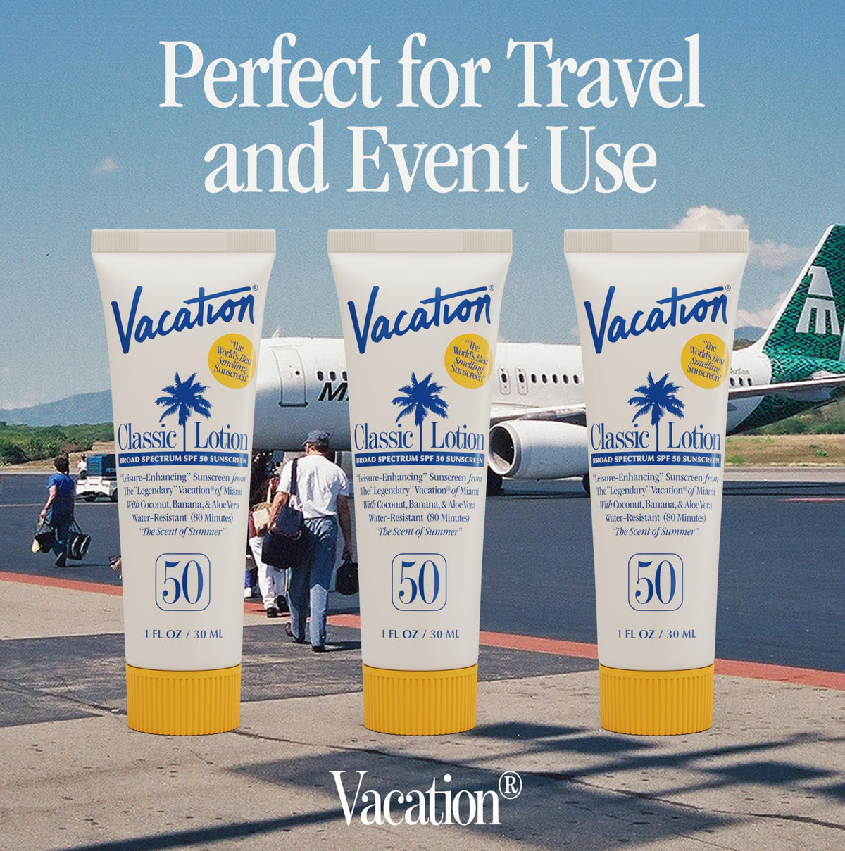 VACATION mini sunscreen inside a travel bag for convenient reapplication