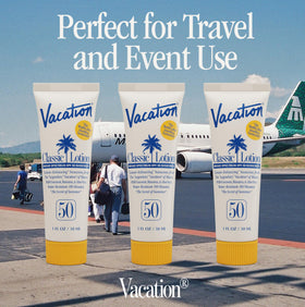 VACATION mini sunscreen inside a travel bag for convenient reapplication