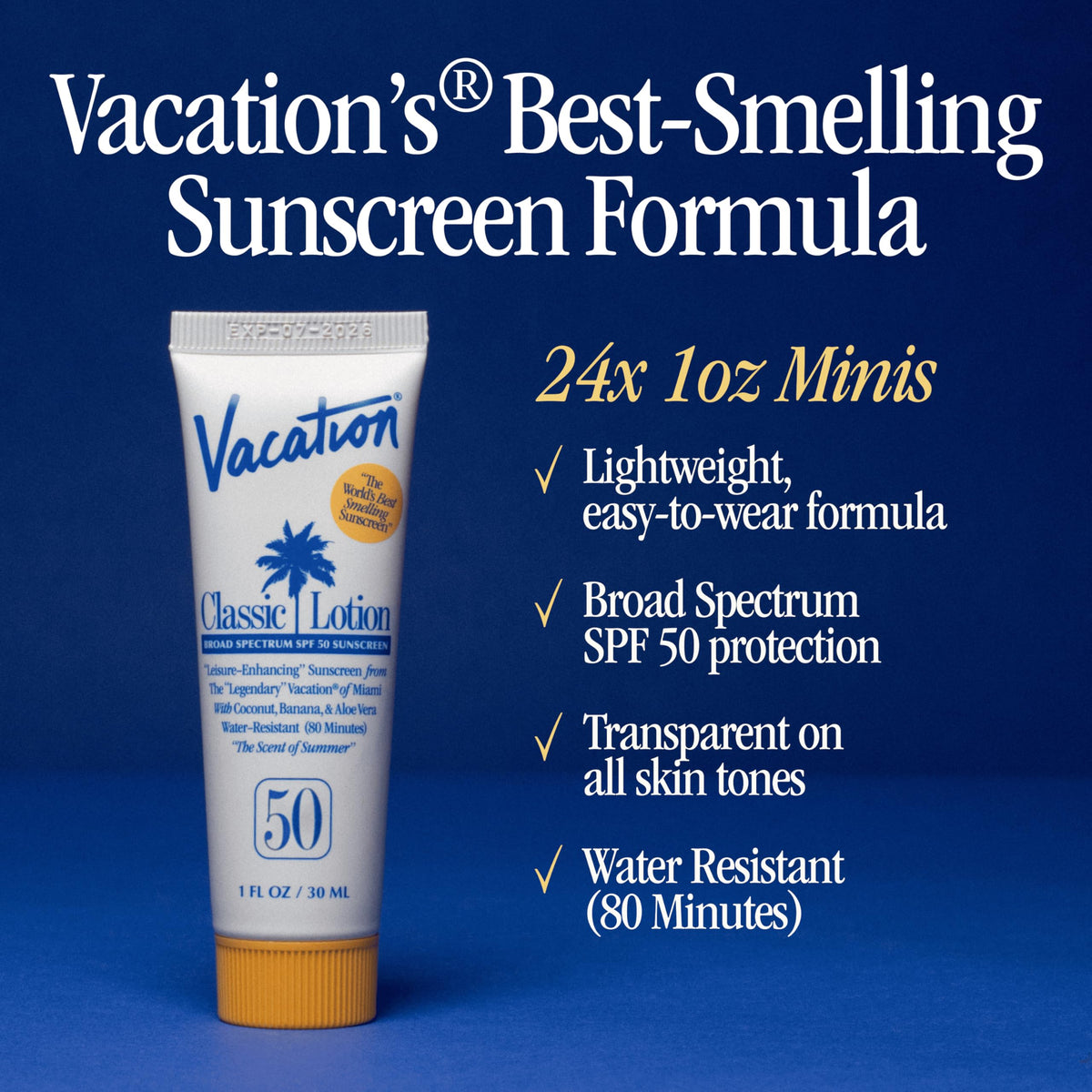 VACATION lotion texture on fingertip demonstrating lightweight absorption
