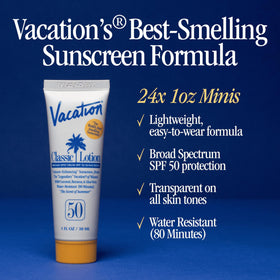 VACATION lotion texture on fingertip demonstrating lightweight absorption