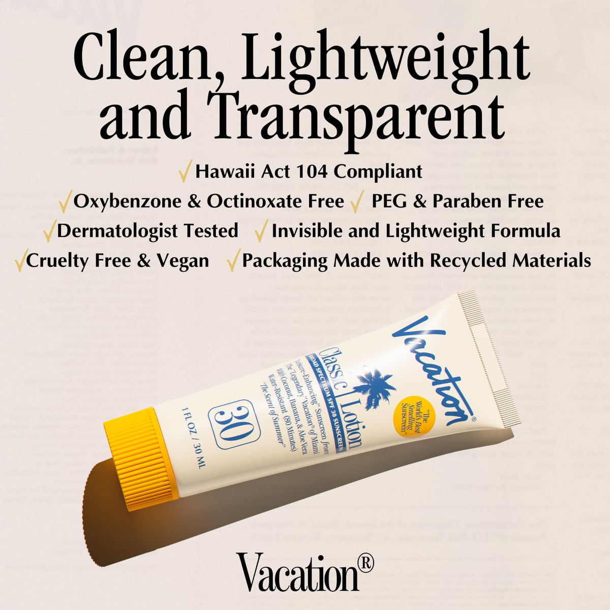 VACATION mini classic lotion texture swatch showing fast-absorbing, non-greasy finish