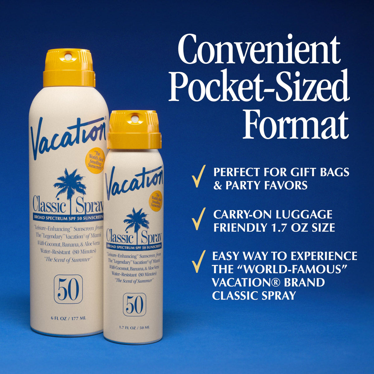 VACATION bottle in hand for scale illustrating TSA-friendly 1.7 fl oz convenience