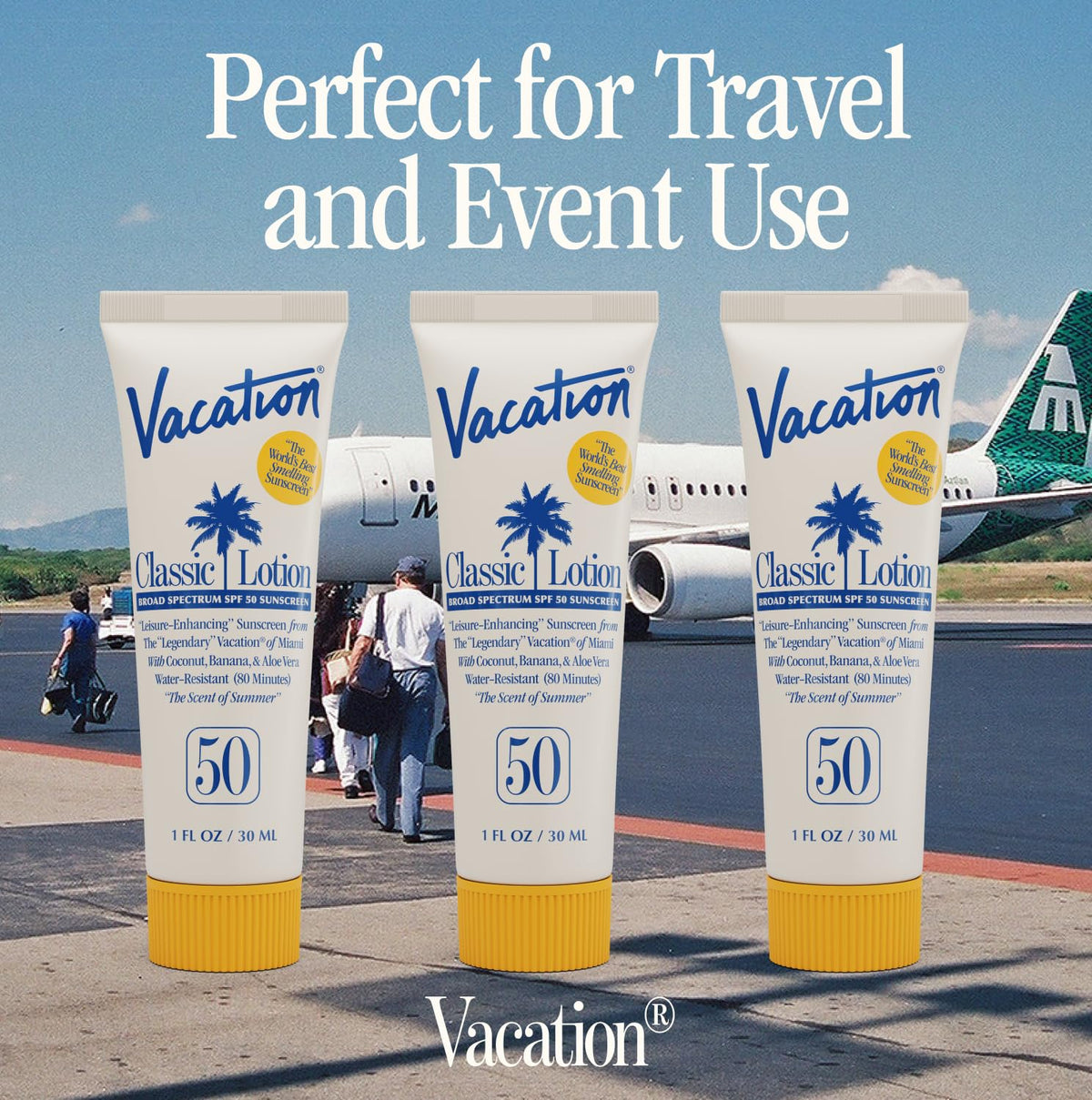 VACATION mini label close-up highlighting SPF 50 actives and clean ingredients