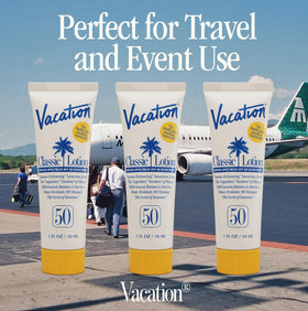 VACATION mini label close-up highlighting SPF 50 actives and clean ingredients