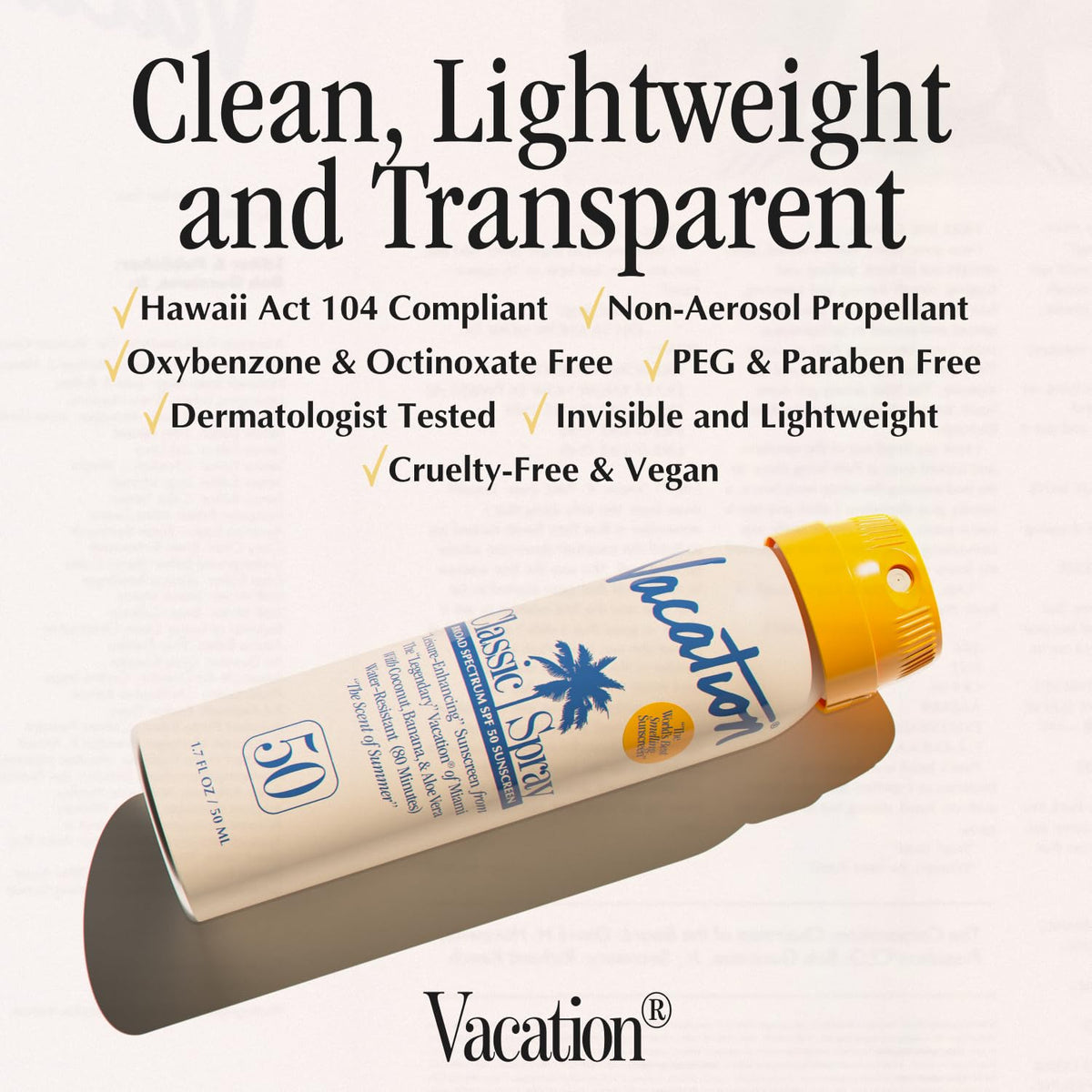 VACATION spray being applied on forearm showing transparent, streak-free coverage