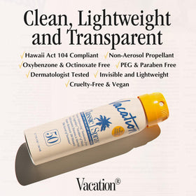 VACATION spray being applied on forearm showing transparent, streak-free coverage