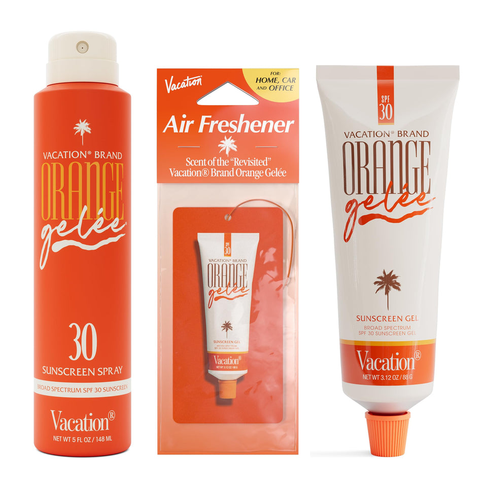 VACATION front packaging showing bundle and bright orange gel, highlights coordinated set benefit