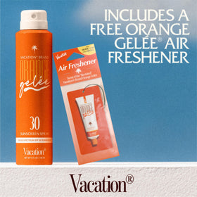 VACATION label closeup listing ingredient highlights and claims