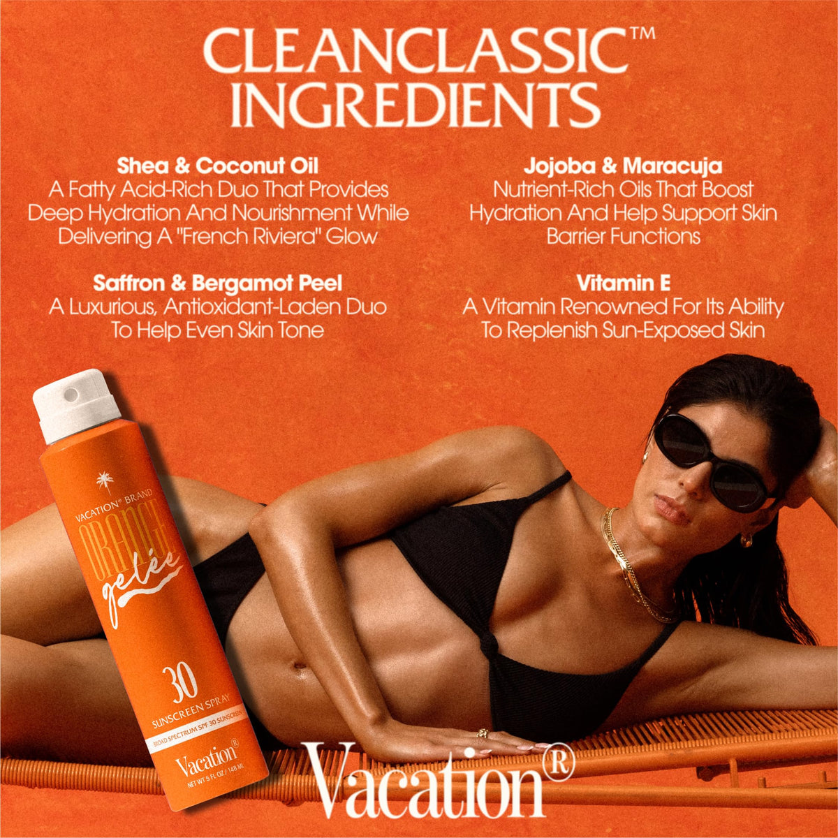 VACATION bottle on beach towel conveying summer-ready protection