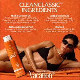 VACATION bottle on beach towel conveying summer-ready protection