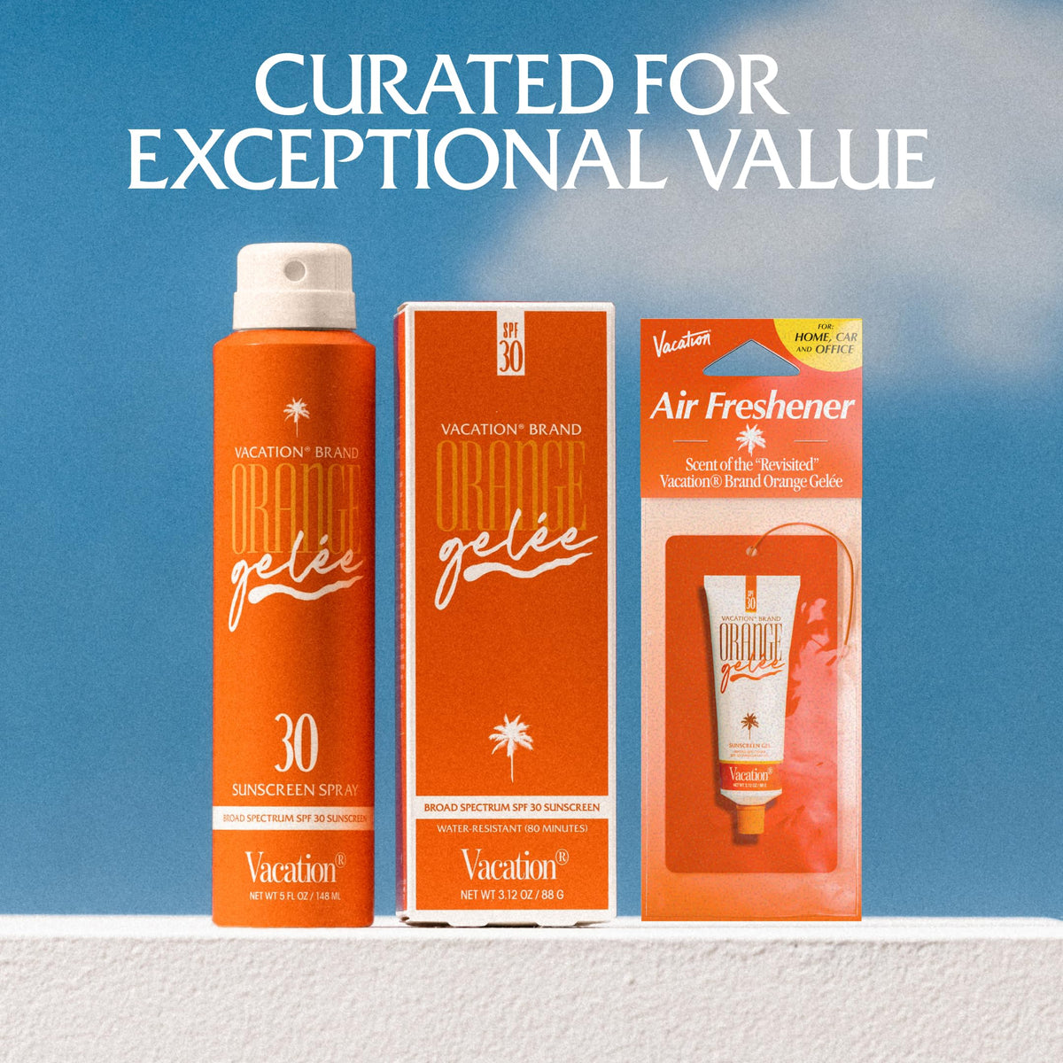 VACATION products styled in a travel bag to show portability and convenience benefit