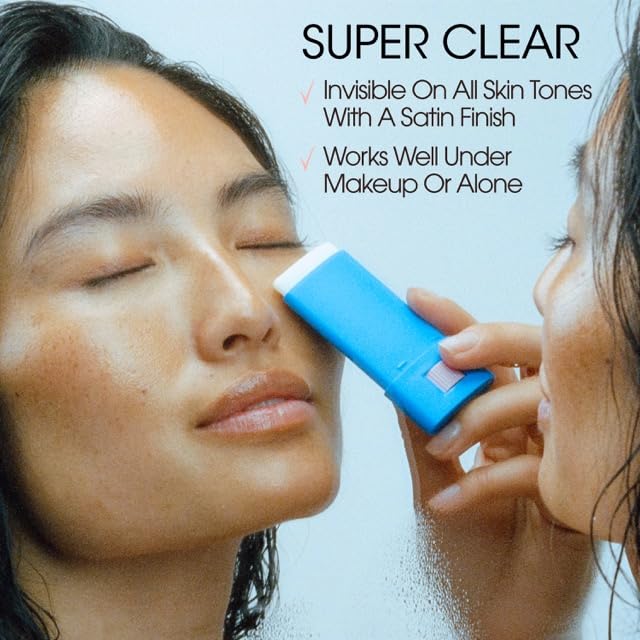 VACATION stick applying to cheek for quick, invisible SPF protection benefit