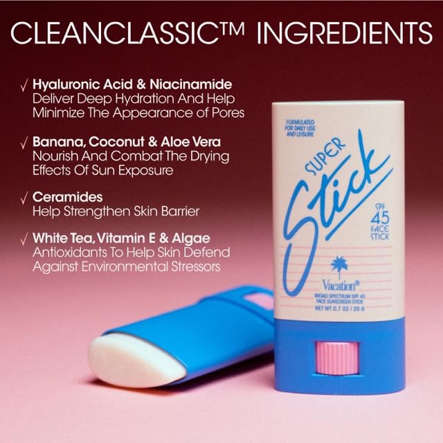 VACATION stick label close-up listing hyaluronic acid niacinamide and SPF benefits