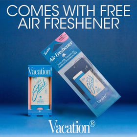 VACATION stick on beach towel in travel scene showing ease of reapplication outdoors