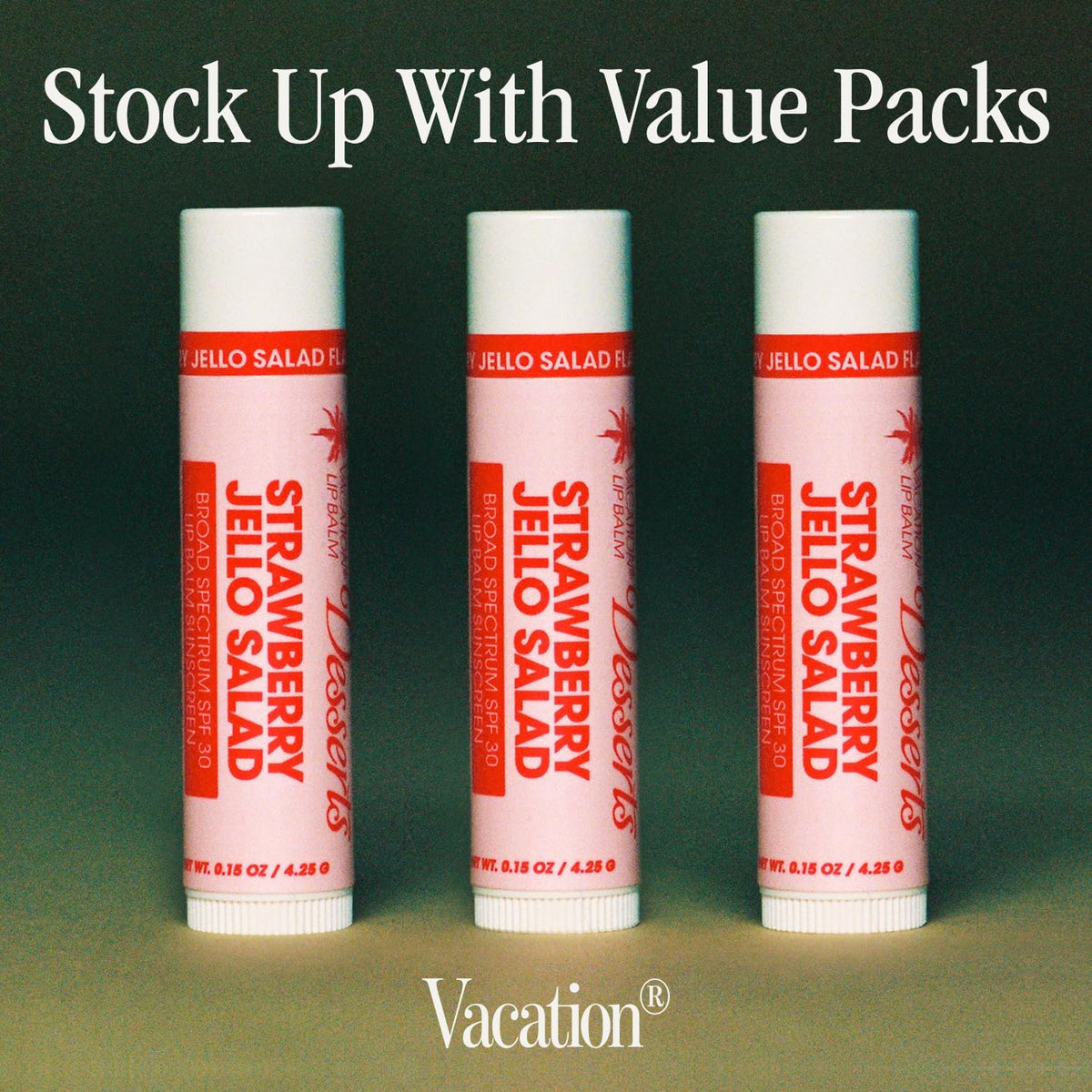 VACATION closeup of balm applied on lips showing subtle transparent sheen and hydration