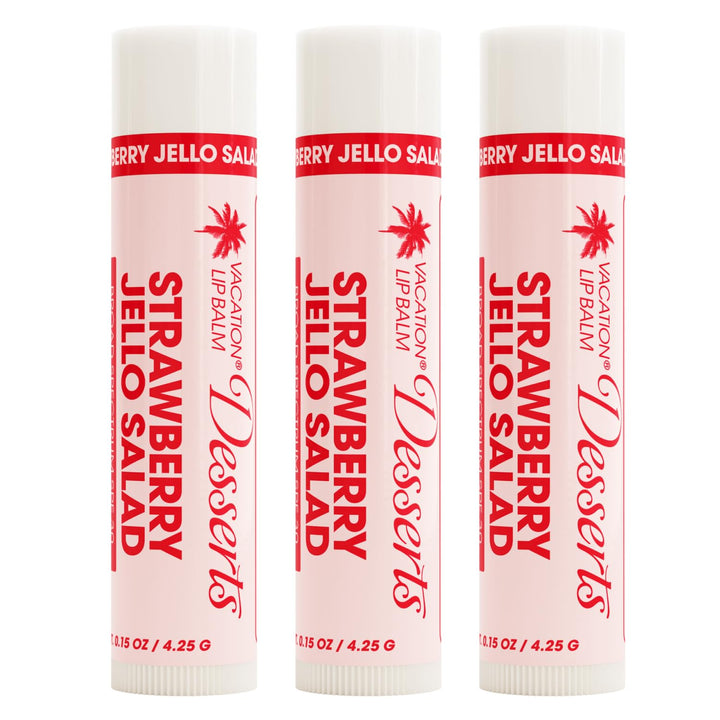 VACATION front packaging showing three strawberry jello salad lip balms for easy selection