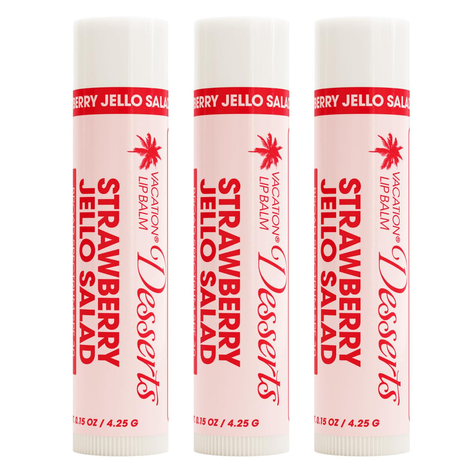 VACATION front packaging showing three strawberry jello salad lip balms for easy selection
