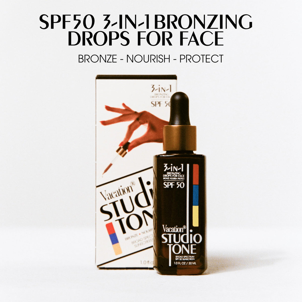 VACATION dropper close-up dispensing precise bronzing drops for control