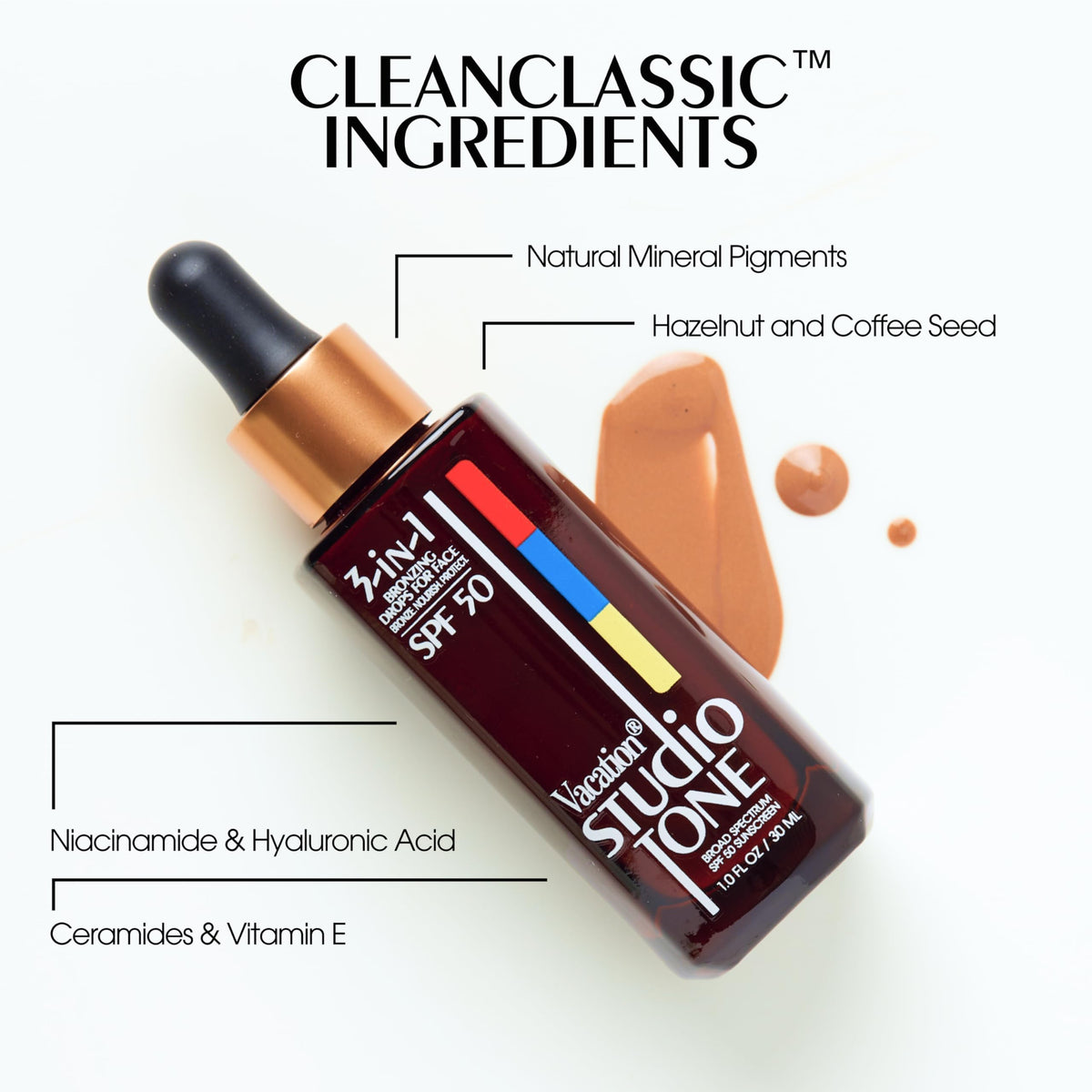 VACATION label and ingredient list highlighting clean, reef-safe formulation