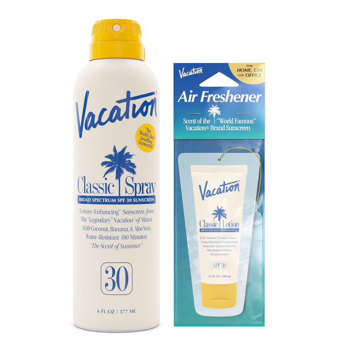 VACATION sunscreen spray front packaging showing label and SPF 30 protection
