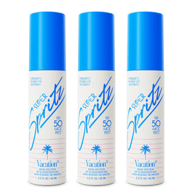 VACATION front packaging showing SPF50 and travel-ready benefits