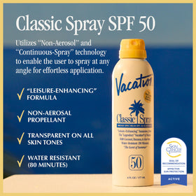 VACATION close-up texture showing transparent spray and lightweight finish on skin