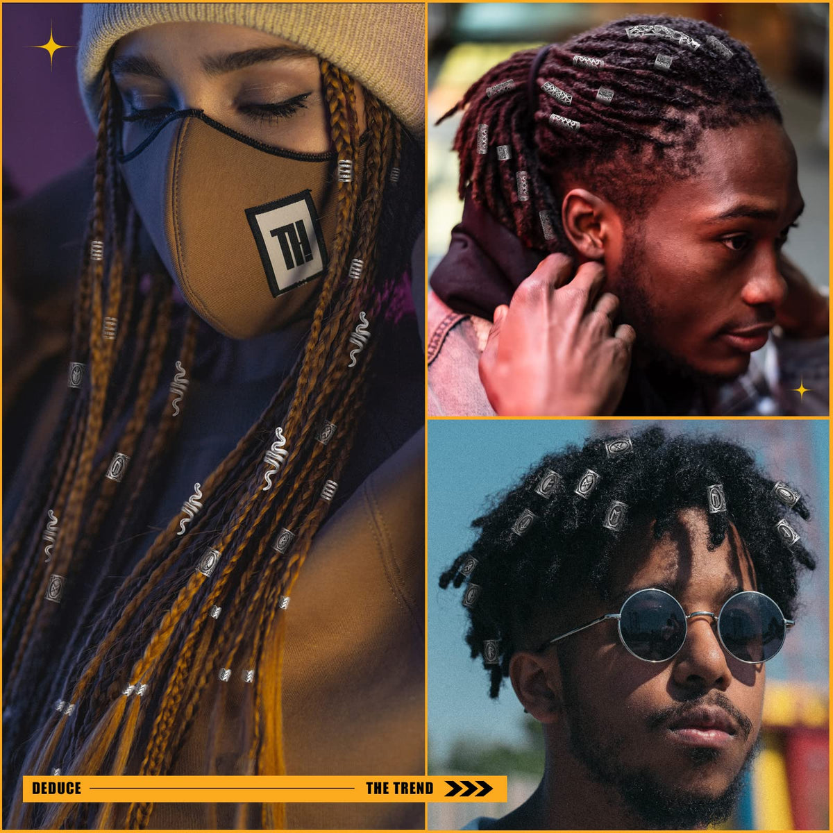 Vaikby beads threaded in braided hair adding textured Norse-style flair