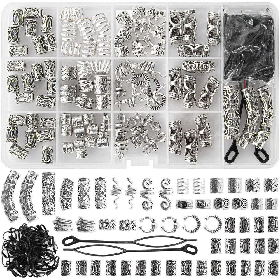 Vaikby front packaging showing full 152-piece Viking hair jewelry set and box