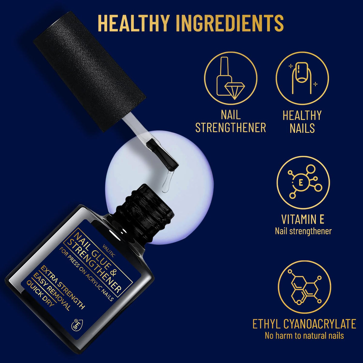 VALITIC adhesive applied to press-on nail demonstrating strong bond benefit