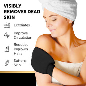 VALITIC glove exfoliating a leg showing smoother, pre-tan skin benefit