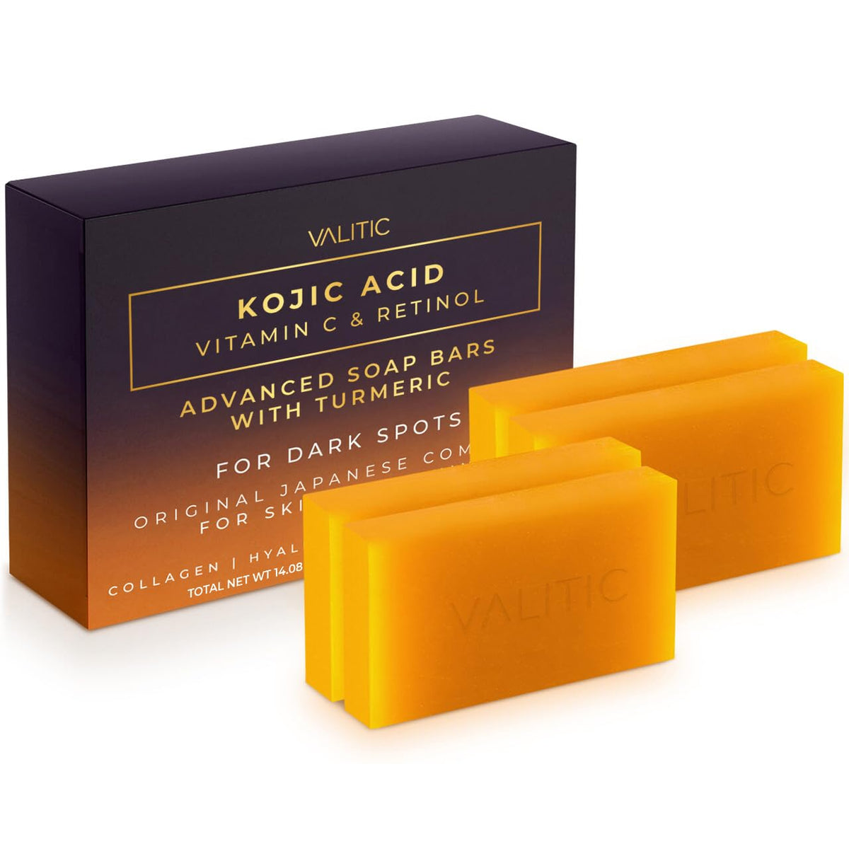 VALITIC front packaging of soap bars shows benefits and four-pack convenience