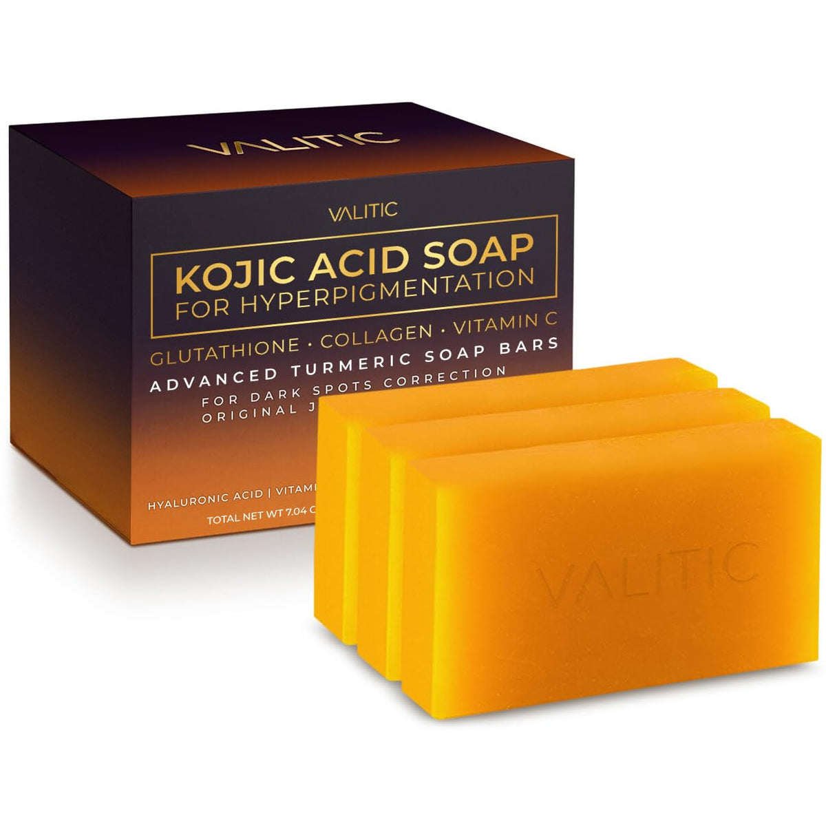 VALITIC front packaging showing three soap bars and benefits