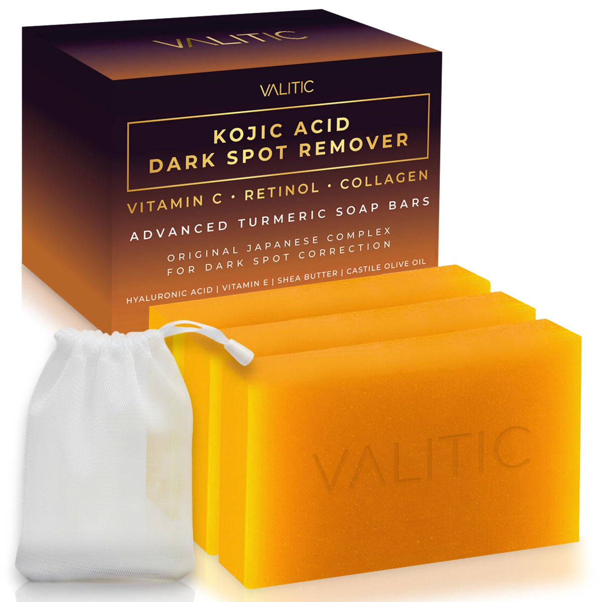 VALITIC packaging displaying three soap bars and bag, convenient travel-ready benefit