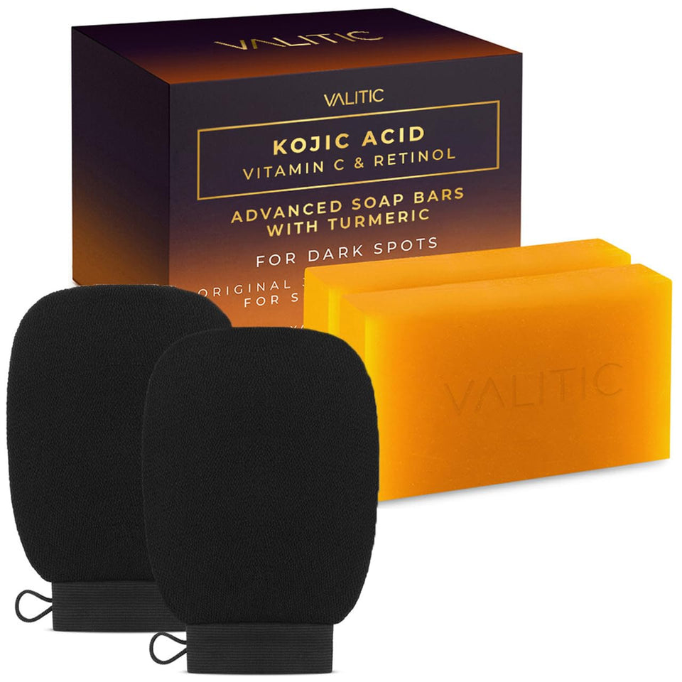 VALITIC front pack showing two soap bars and two gloves for clearer skin