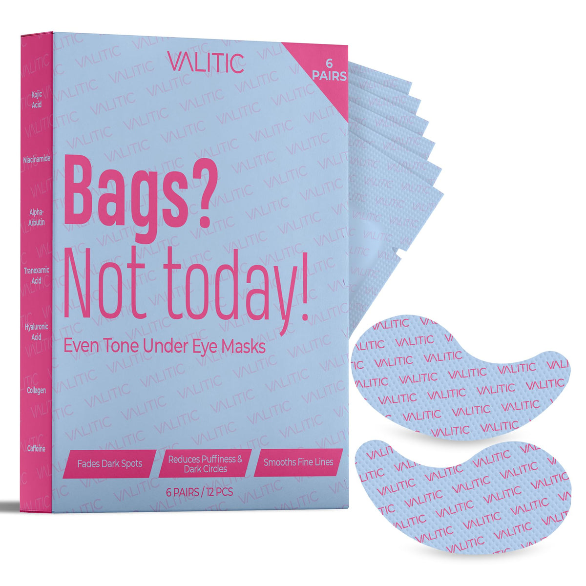 VALITIC front packaging showing brightening under eye patches and benefits