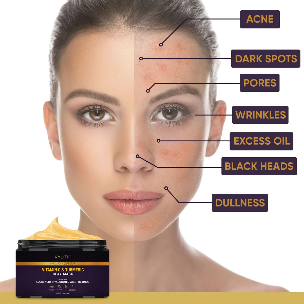 VALITIC ingredient arrangement with turmeric and vitamin C visuals emphasizing brightening benefits