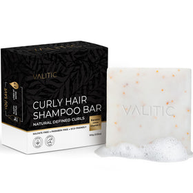 VALITIC shampoo bar front packaging showing eco-friendly benefits and curl focus
