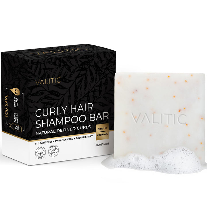 VALITIC shampoo bar front packaging showing eco-friendly benefits and curl focus