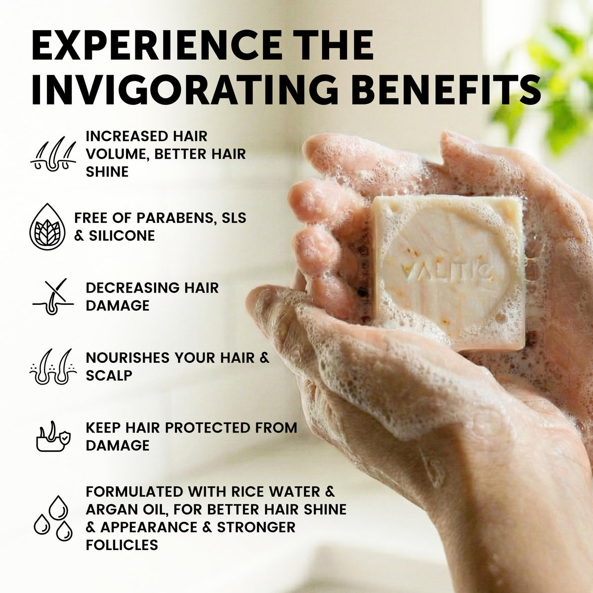 VALITIC shampoo bar lather in hands producing rich foam for efficient cleansing