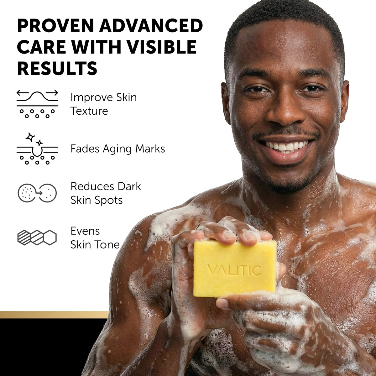 VALITIC soap lather in hand, demonstrates gentle effective cleansing
